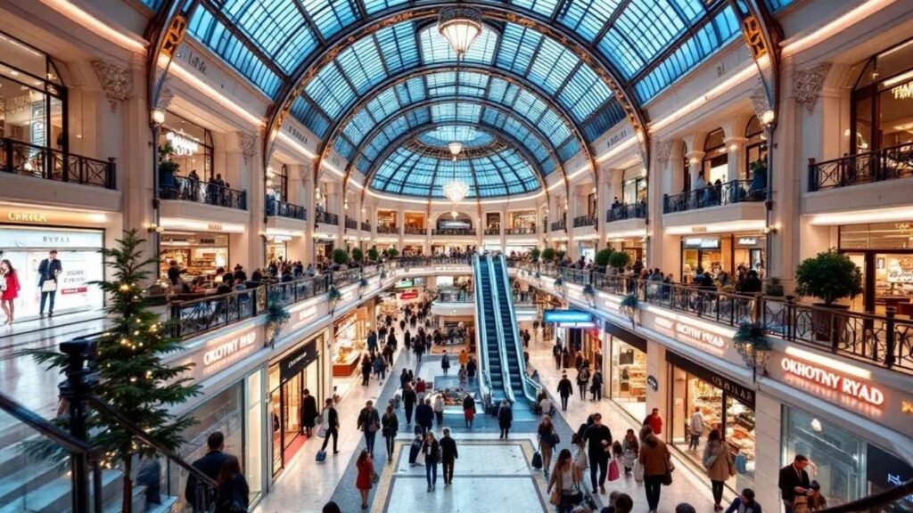 Interior view of Okhotny Ryad Mall with boutiques, food court, and visitors shopping in Moscow.