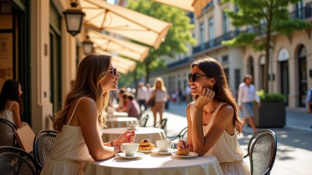 Friends enjoying coffee at a café on Calle Serrano after shopping in Madrid