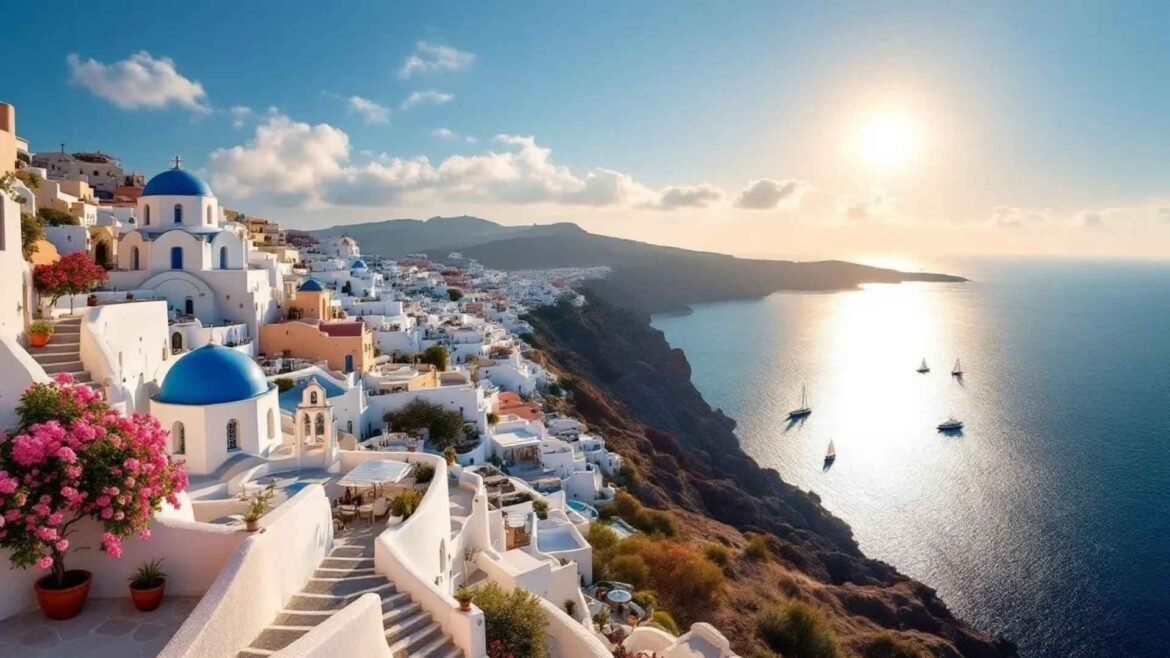 Whitewashed houses and blue-domed churches on the cliffs of Santorini Island overlooking the Aegean Sea