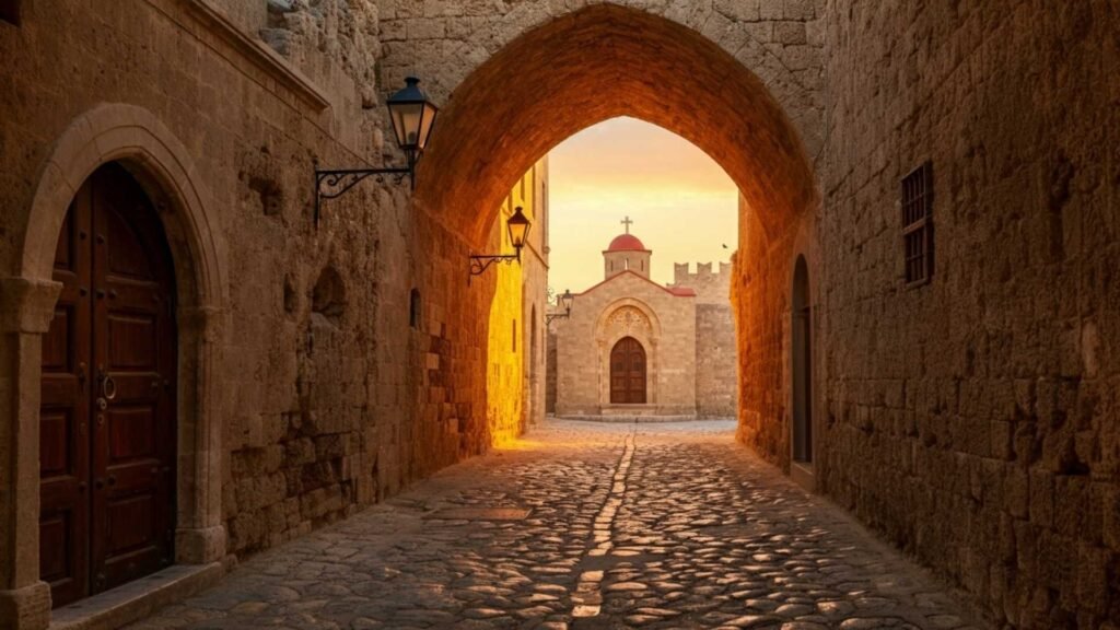 Empty cobblestone street in Rhodes Old Town at sunrise with soft light and medieval stone walls