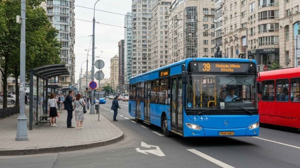 A modern Moscow bus and tram on a busy city street with people waiting at the stop.
