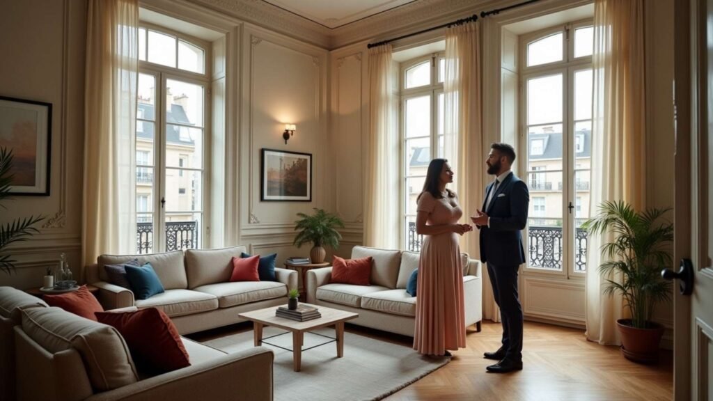 Real estate agent showing a luxury Paris apartment to international investors.