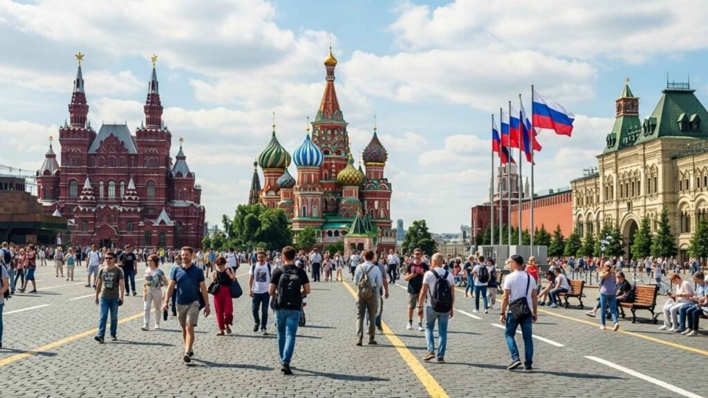 Tourists walking across Red Square with Saint Basil’s Cathedral and Kremlin walls in view.