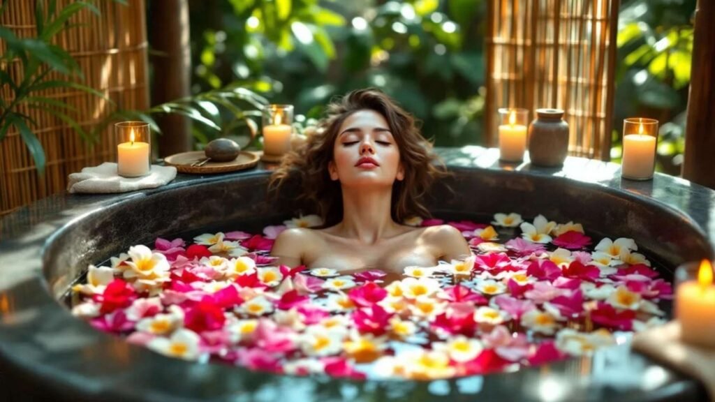 A woman relaxing in a stone tub filled with colorful tropical flower petals during a Balinese spa treatment.