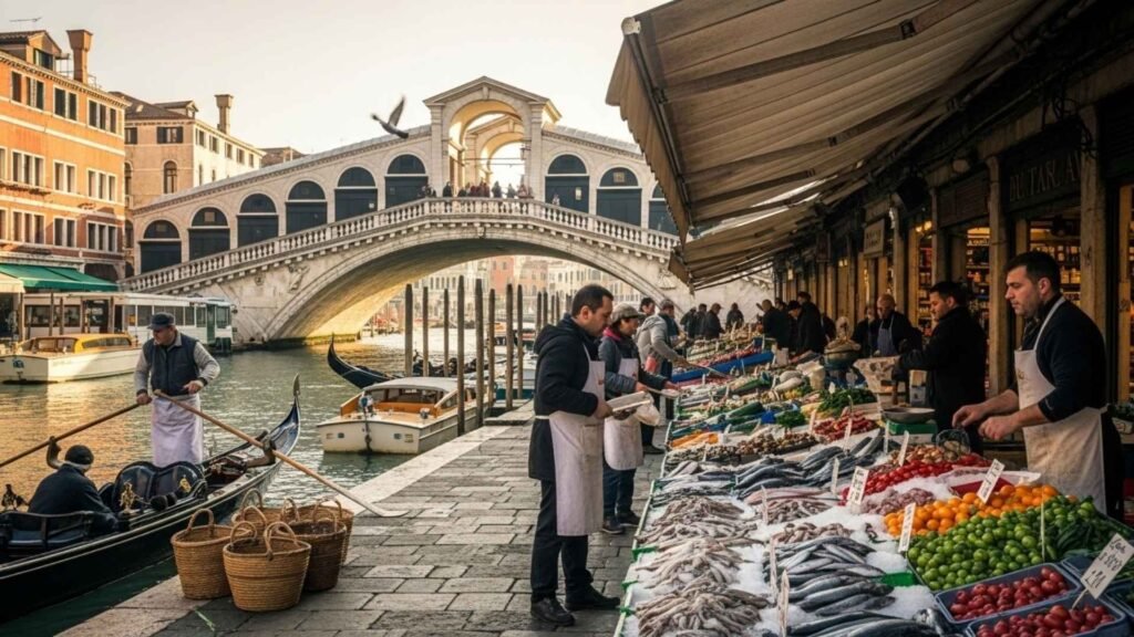 A photorealistic image of Rialto Bridge in Venice with fresh fish stalls, vendors, and locals shopping at the morning market by the Grand Canal.