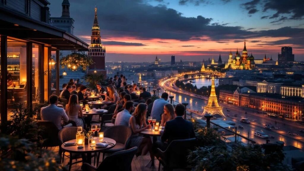 Evening rooftop bar in Moscow with cocktails and panoramic views of the Kremlin and St. Basil’s Cathedral.