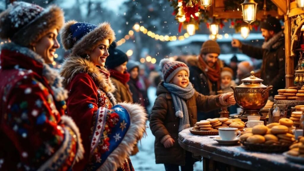 Close-up of folk dancers, children, and a decorated troika at the Russian Winter Festival in Moscow’s Gorky Park