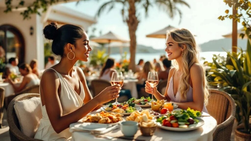 A mixed ethnicity woman with straight dark brown hair in a low ponytail and a Russian woman with platinum blonde hair enjoying lunch at a seaside restaurant in Alaçatı under bright midday sunlight.