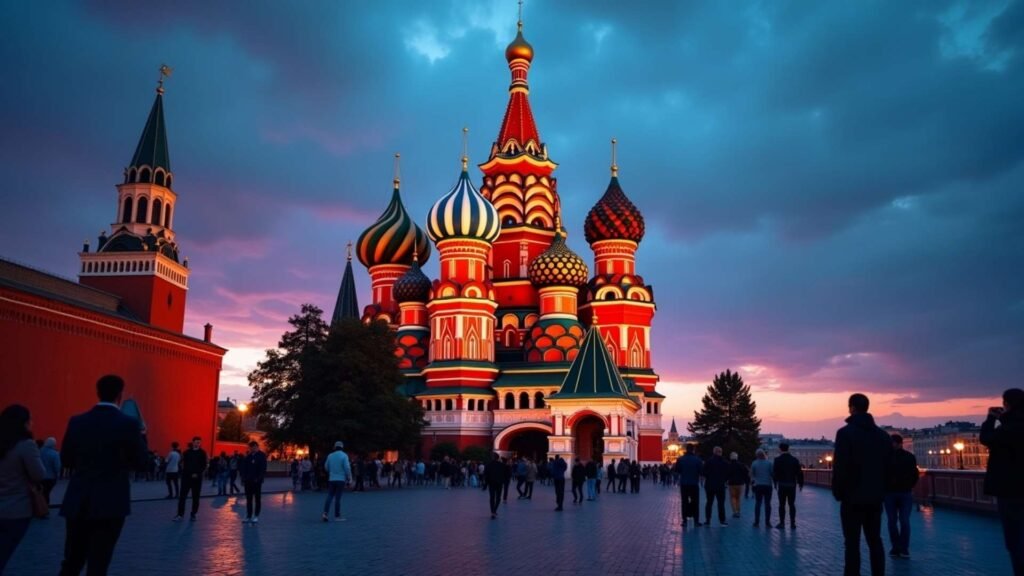 Evening photo of Saint Basil’s Cathedral with glowing onion domes.