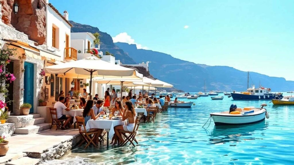 Diners enjoying seafood at seaside restaurants in Ammoudi Bay, Santorini at dusk
