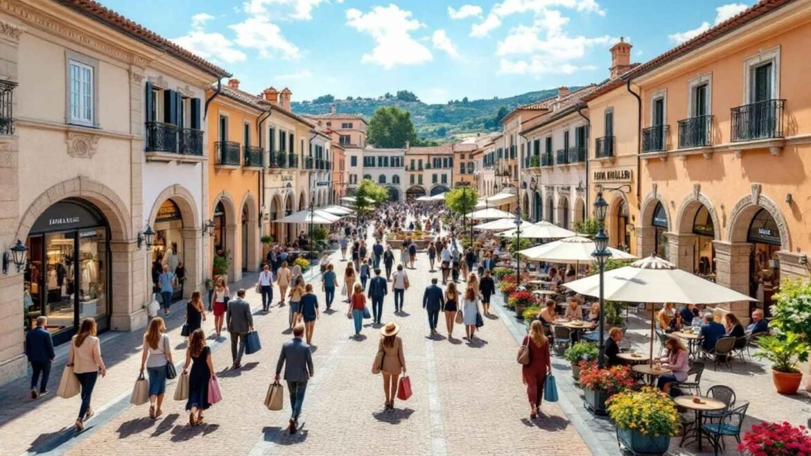 Open-air shopping street at Serravalle Designer Outlet with pastel-colored buildings, designer stores, and stylish shoppers under sunny skies.