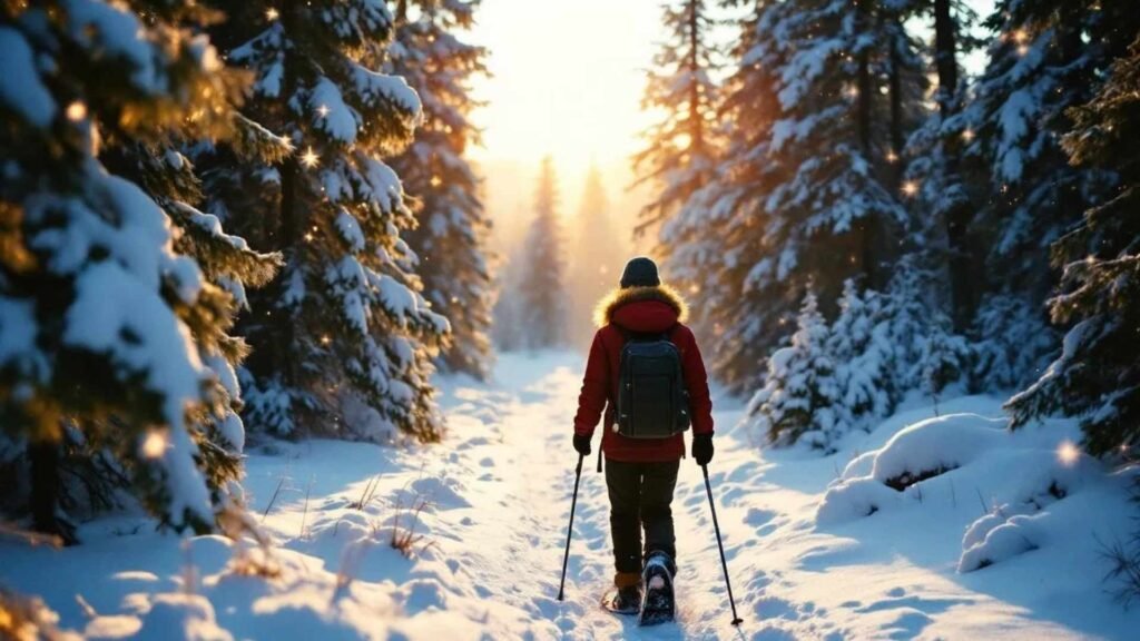 Solo traveler snowshoeing through a pine forest near Tromsø at sunrise