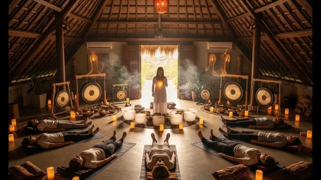 Participants lying on mats during a sound healing session with crystal singing bowls and gongs in a Balinese meditation hall.
