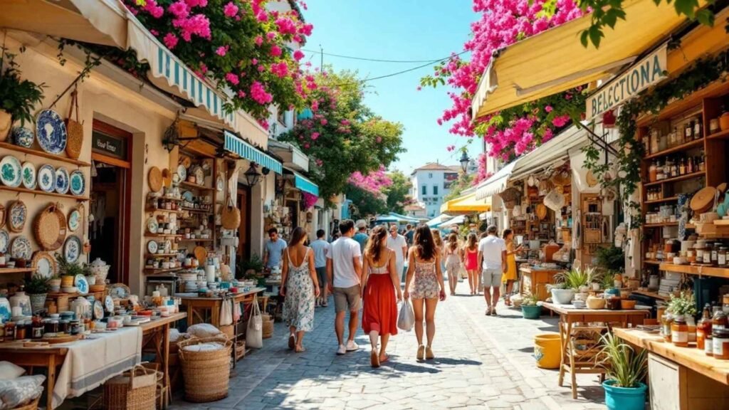 Tourists browsing colorful souvenir stalls in Alaçatı with handmade ceramics, woven bags, and silver jewelry on a sunny summer day.