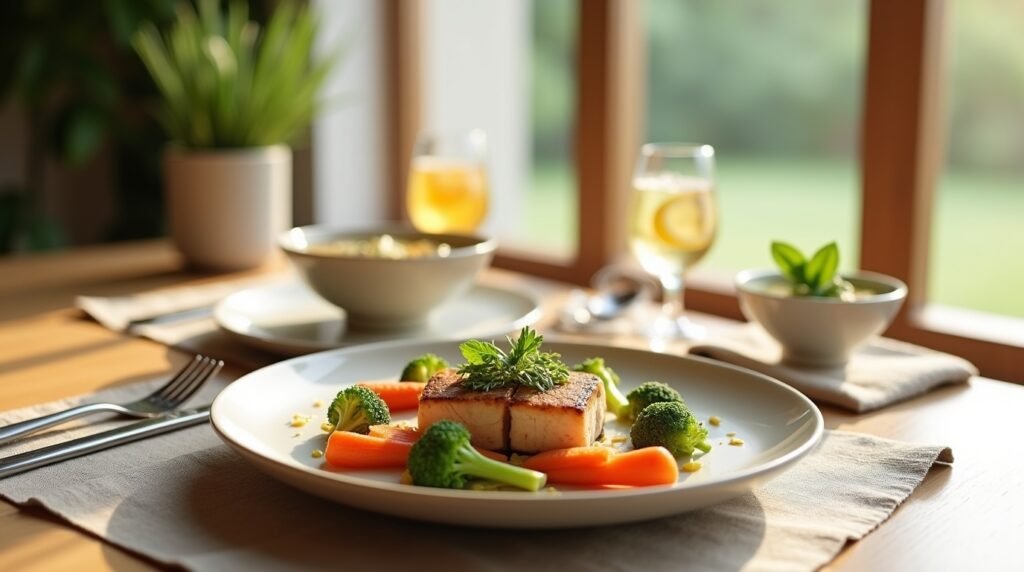 A healthy spa meal featuring grilled tofu or lean protein served with steamed carrots and broccoli, set on a wooden table by a sunlit window with lemon-infused water and herbal side dishes.