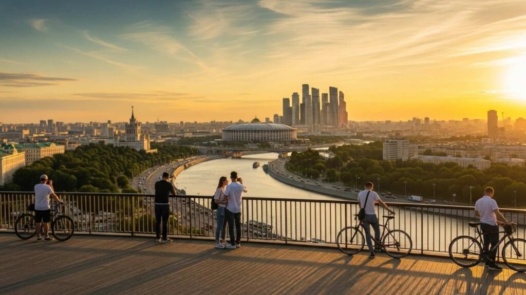 Tourists enjoying panoramic views of Moscow from Sparrow Hills during sunset.
