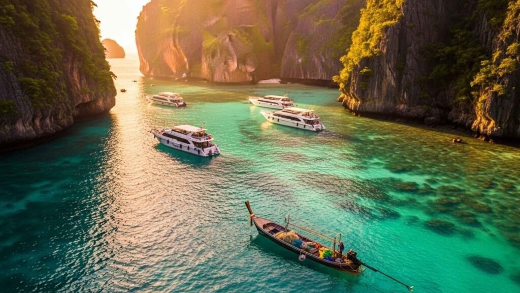 Turquoise waters and limestone cliffs at Phi Phi Islands.