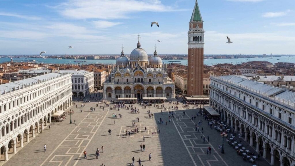 Early morning view of a quiet St. Mark’s Square in Venice with glowing basilica and soft golden light