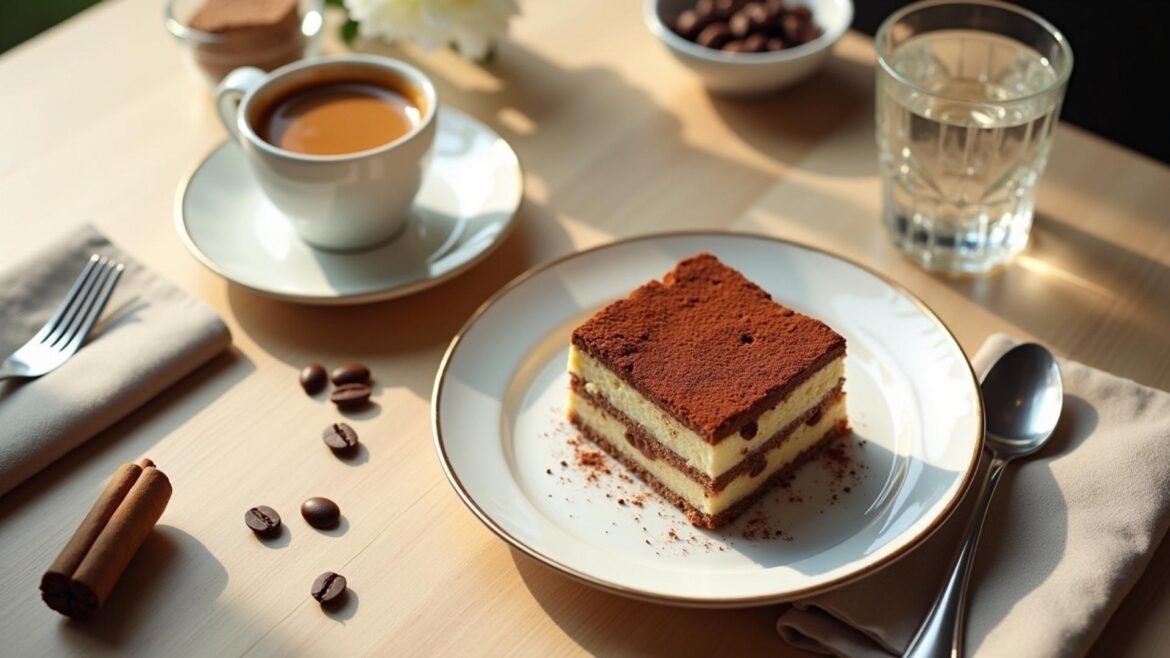 A single serving of tiramisu with cocoa dusting on a white porcelain plate beside an espresso cup, styled on a light-toned wooden café table.