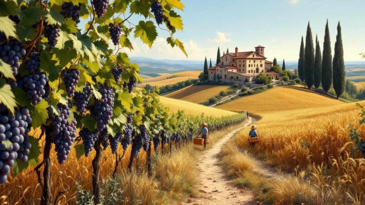 A high-resolution elevated view of Tuscany during summer harvest, showing golden wheat fields, lush vineyards, olive groves, and a rustic farmhouse surrounded by cypress trees.