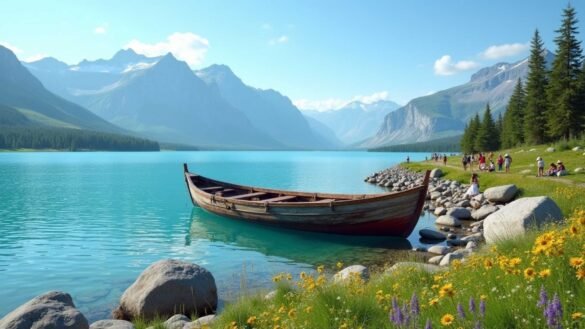 Turquoise waters of Lake Baikal in summer with a wooden fishing boat anchored near rocky shore, wildflowers blooming along grassy banks, mountains under blue sky.