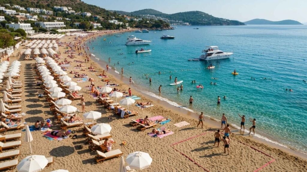 Aerial view of Yalıkavak Beach in Bodrum, Turkey, on a sunny day, showing people sunbathing on loungers under white umbrellas and swimming in the turquoise sea.