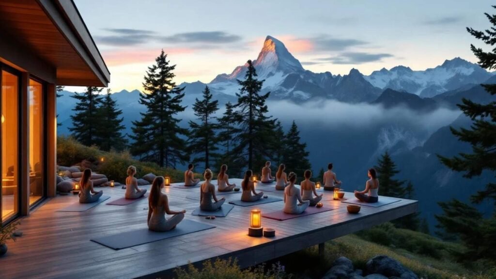 A group of people practice yoga at sunrise on a wooden platform in the Swiss Alps, facing the snow-covered Matterhorn. Surrounded by pine trees and wildflowers, the scene includes meditation mats, natural textures, and soft morning light.