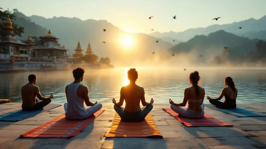 A small group practicing yoga at sunrise on the banks of the Ganges River in Rishikesh, with the Himalayan peaks in the background, golden light reflecting on the water, and temple spires in the distance.