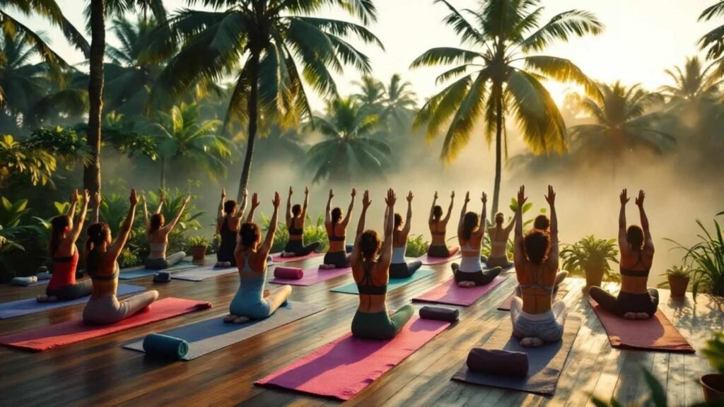 Group of people practicing yoga at sunrise on a wooden deck surrounded by tropical palm trees in Bali, Indonesia.