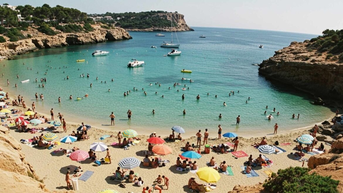 People enjoying the sunset at Cala Comte Beach with turquoise waters and rocky cliffs in Ibiza