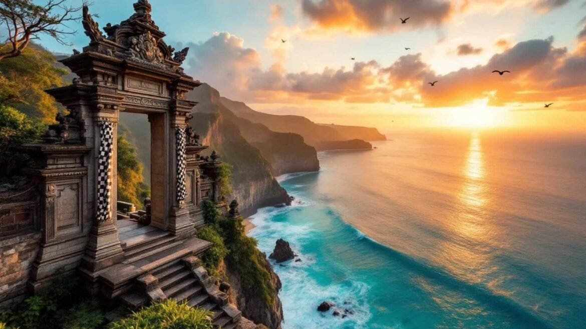 A dramatic sunset view from Uluwatu Temple cliff in Bali, Indonesia, overlooking the Indian Ocean with waves crashing against steep cliffs.