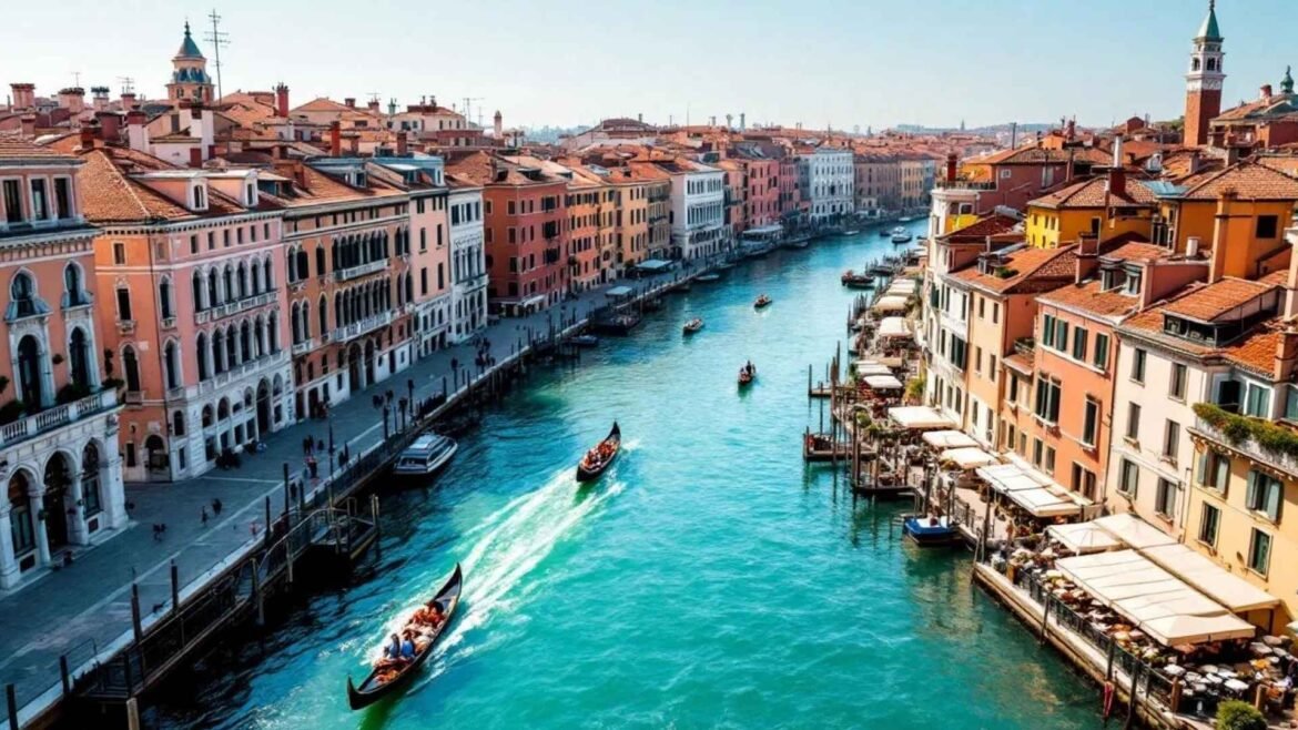 Gondola cruising at sunset on Venice’s Grand Canal with romantic sky and historic buildings