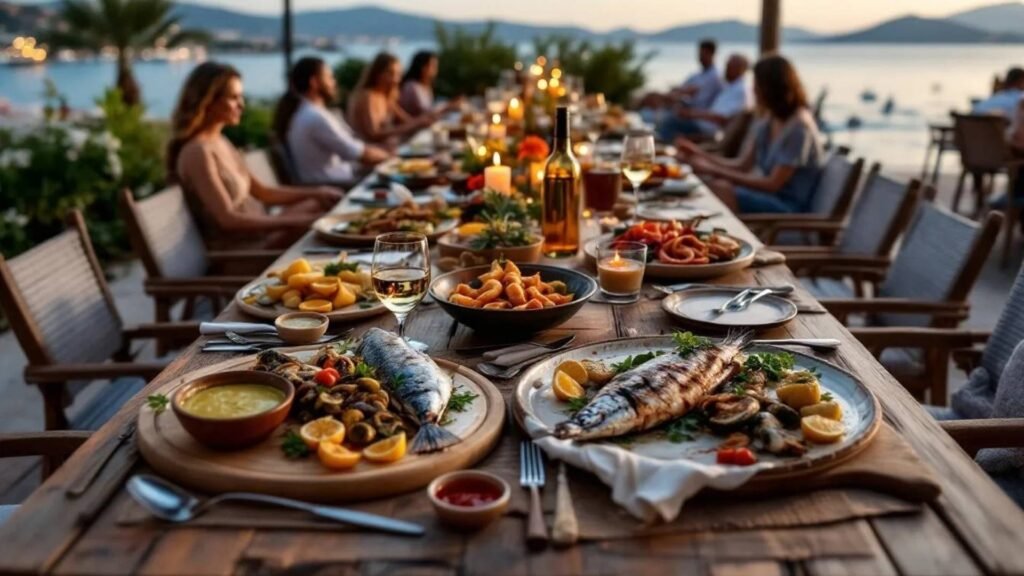 A long wooden table set for a seafood dinner at a beachside restaurant in Bodrum, Turkey, with grilled fish, mezes, wine, and people dining at sunset by the sea.