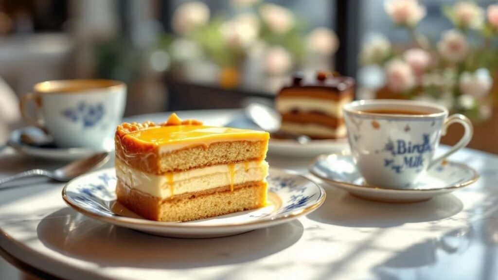 Russian honey cake and Bird’s Milk cake served with tea in a Moscow café.