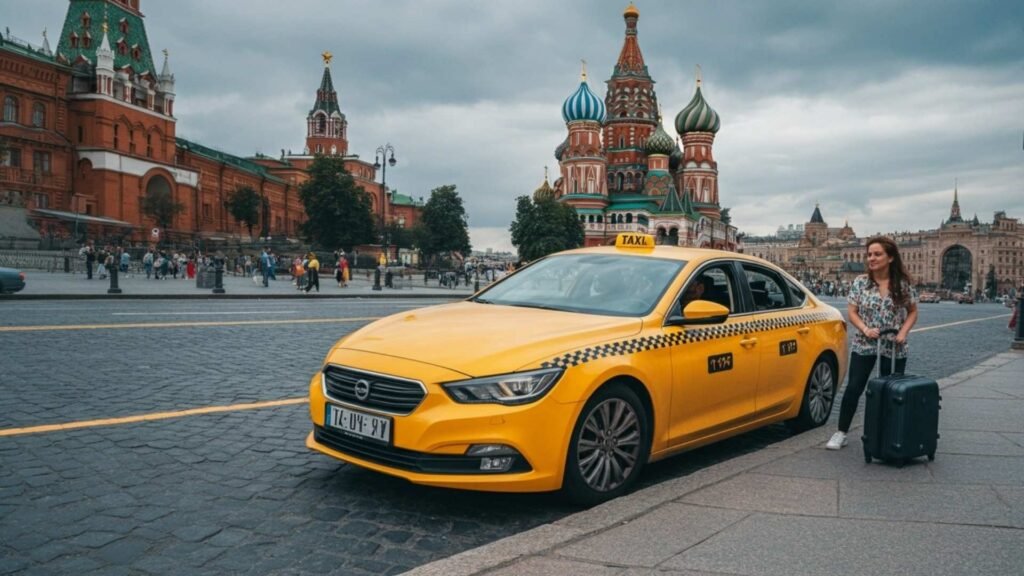 Yellow Taxi waiting near Red Square with tourists and St. Basil’s Cathedral in the background.
