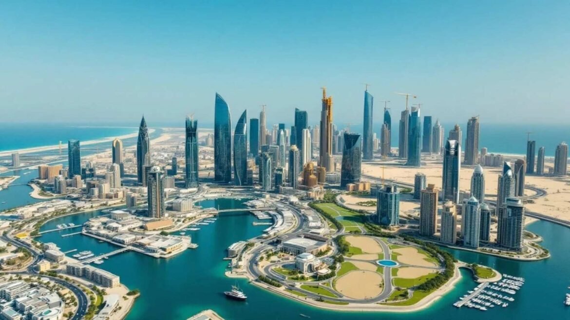 Luxury waterfront apartments and marina at The Pearl-Qatar in Doha during golden hour