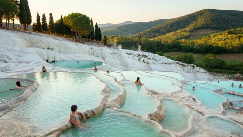 Natural cascading thermal pools with turquoise mineral water at Terme di Saturnia, surrounded by lush hills in Tuscany.