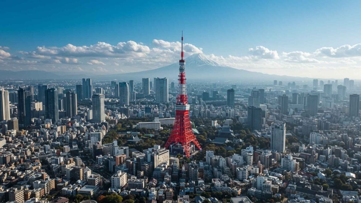 High-resolution aerial drone photograph of Tokyo Tower in Tokyo, Japan, on a sunny day, surrounded by skyscrapers and city streets with Mount Fuji in the distance.