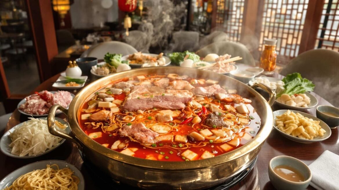 A steaming traditional Chongqing-style hot pot filled with spicy red broth, tofu, mushrooms, and thin meat slices, surrounded by plates of fresh vegetables and noodles on a wooden table in a Chinese restaurant.