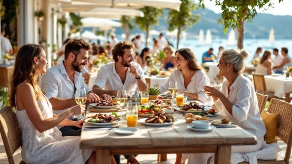 Table with grilled seafood, melekouni, pitaroudia, and wine at a seaside restaurant in Rhodes