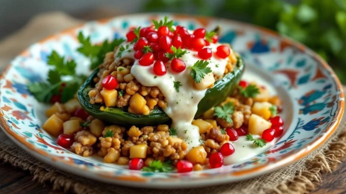 Photorealistic image of Chiles en Nogada served on a Talavera plate, topped with creamy walnut sauce, pomegranate seeds, and fresh herbs