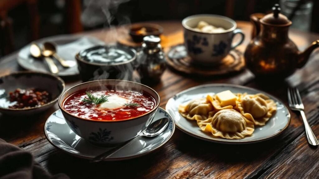 A traditional Russian dining table with borscht and pelmeni served in a cozy Moscow restaurant.