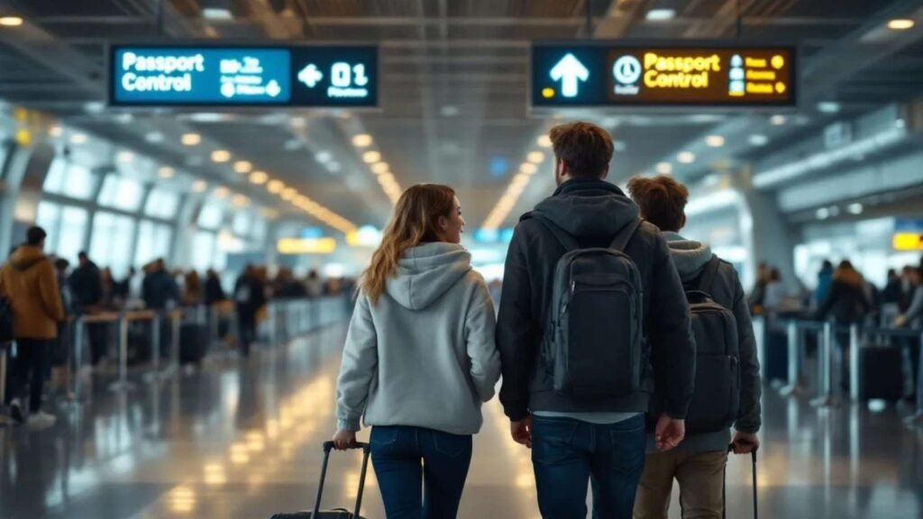 Young travelers walking toward passport control inside Sheremetyevo Airport with signs in Russian and English above.
