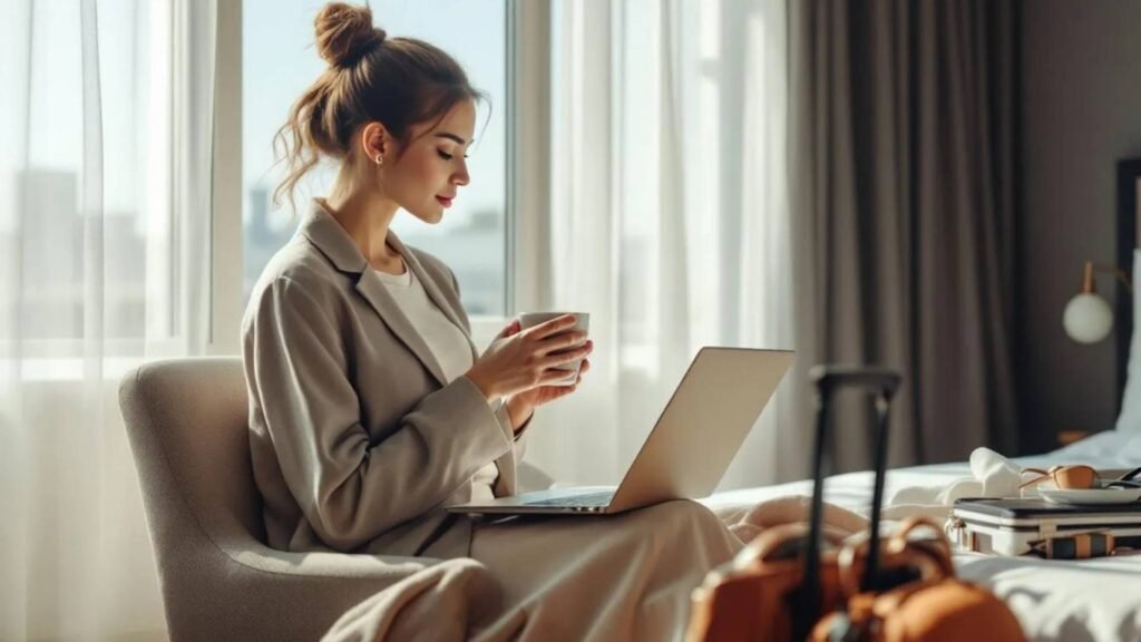A traveler browsing second-hand luxury fashion on a laptop in a hotel room