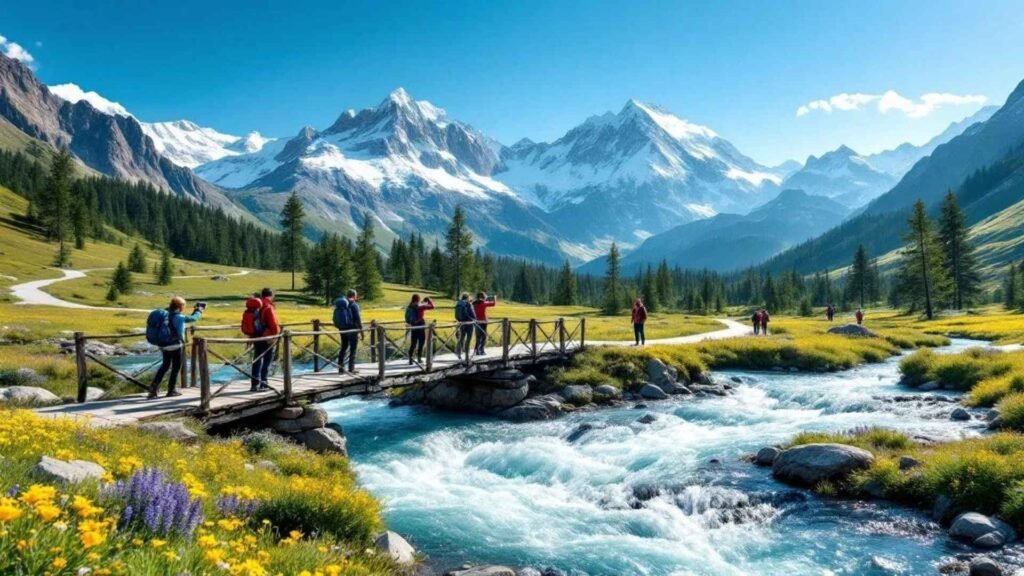 Hikers crossing a wooden bridge over a rushing river in the Altai Mountains, surrounded by alpine meadows filled with colorful wildflowers and snow-capped peaks.
