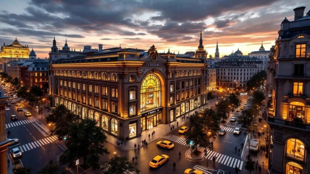 Evening street-level view of TSUM with illuminated luxury boutiques, and elegant interior of Petrovsky Passage in Moscow.