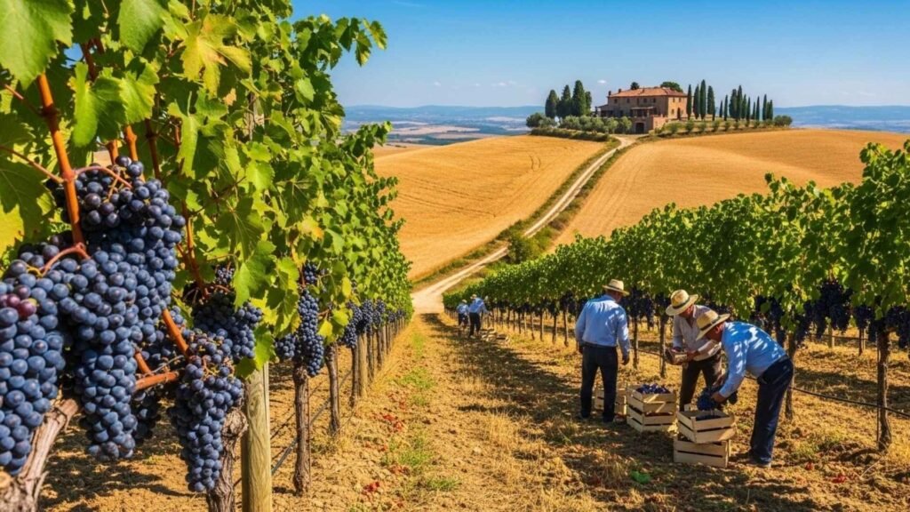 Eye-level view of a Tuscan vineyard with ripe grapes, golden wheat fields, and a stone farmhouse framed by cypress trees under a clear summer sky.