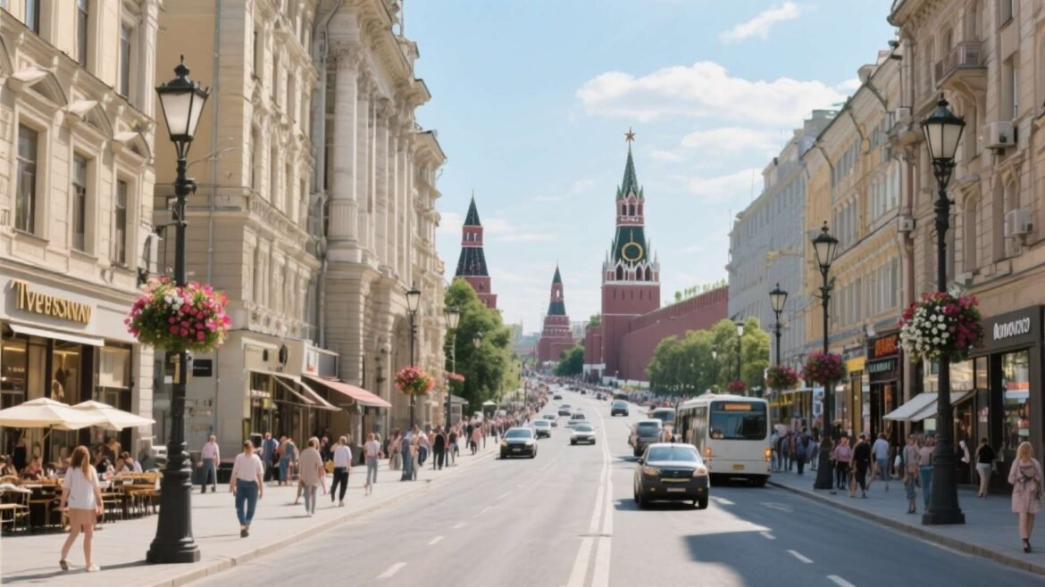 Wide boulevard of Tverskaya Street with historic buildings, shops, and people walking.