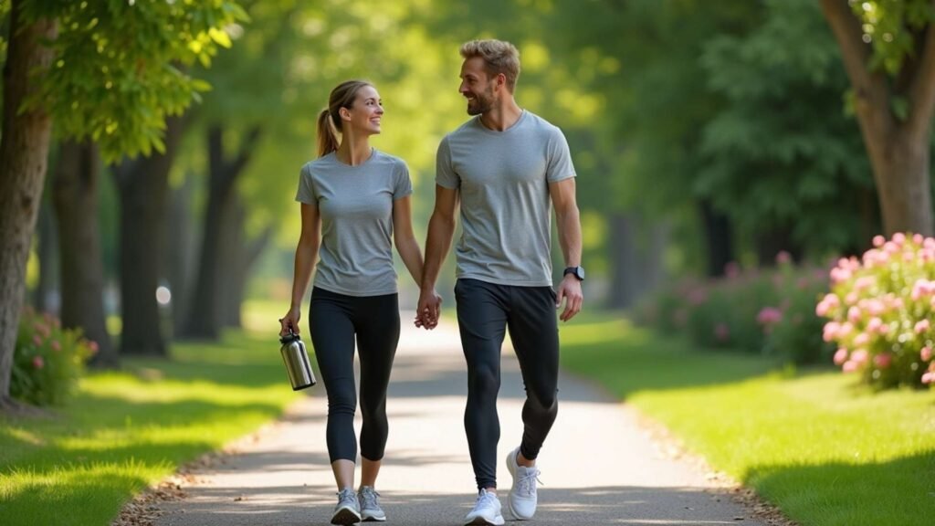 Two couples in coordinated fitness attire walking along a scenic park trail surrounded by tall trees and flowering shrubs on a bright morning.