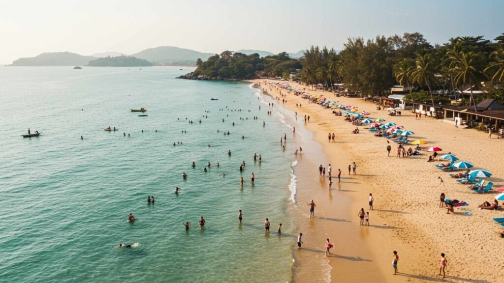 Sunbathers and boats on Patong Beach under golden-hour light.